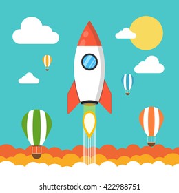 Rocket launch over the hot air balloons. Flat vector illustration. Startup concept. Project development.