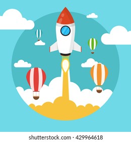 Rocket launch over the hot air balloons. Flat vector illustration. Startup concept. Project development.