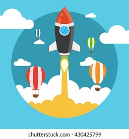 Rocket launch over the hot air balloons. Flat vector illustration. Startup concept. Project development.