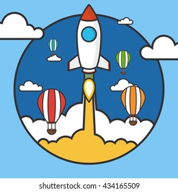 Rocket launch over the hot air balloons. Flat vector illustration. Startup concept. Project development.
