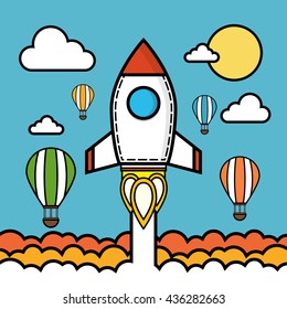 Rocket launch over the hot air balloons. Flat vector illustration. Startup concept. Project development.