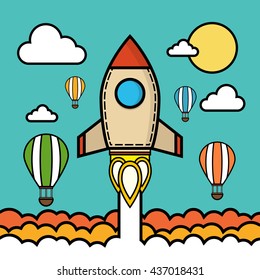 Rocket launch over the hot air balloons. Flat vector illustration. Startup concept. Project development.