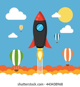Rocket launch over the hot air balloons. Flat vector illustration. Startup concept. Project development.