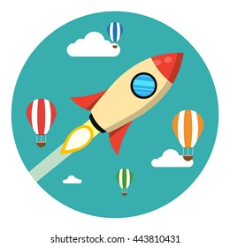 Rocket launch over the hot air balloons. Flat vector illustration. Startup concept. Project development.