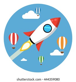Rocket launch over the hot air balloons. Flat vector illustration. Startup concept. Project development.
