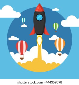 Rocket launch over the hot air balloons. Flat vector illustration. Startup concept. Project development.
