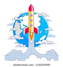 Rocket launch over planet earth into undiscovered space. Explore universe, breathtaking space science. Thin line 3d vector illustration isolated on white.