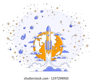 Rocket launch over planet earth into space, surrounded by comets, asteroid, meteors, stars and other elements. Explore universe, space science. Thin line 3d vector illustration isolated on white.