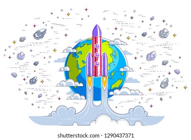 Rocket launch over planet earth into space, surrounded by comets, asteroid, meteors, stars and other elements. Explore universe, space science. Thin line 3d vector illustration isolated on white.