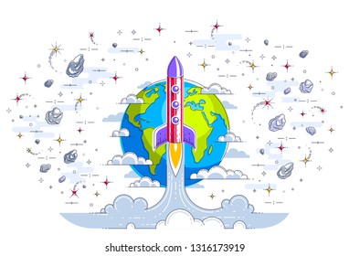 Rocket launch over planet earth into space, surrounded by comets, asteroid, meteors, stars and other elements. Explore universe, space science. Thin line 3d vector illustration isolated on white.
