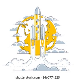 Rocket launch over planet earth into undiscovered space. Explore universe, breathtaking space science. Thin line 3d vector illustration isolated on white.