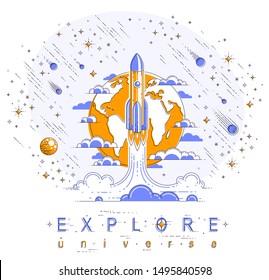 Rocket launch over planet earth into space, surrounded by comets, asteroid, meteors, stars and other elements. Explore universe, space science. Thin line 3d vector illustration isolated on white.