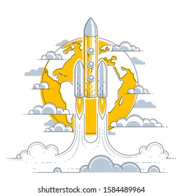Rocket launch over planet earth into undiscovered space. Explore universe, breathtaking space science. Thin line 3d vector illustration isolated on white.