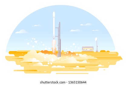 Rocket Launch From The Launch Pad In The Middle Of The Desert With Mission Control Center Afar, Rocket Ship Flying To The Space Concept Illustration In Flat Style Isolated