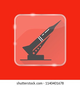 Rocket and launch pad silhouette icon in flat style on transparent button