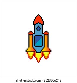 Rocket launch with pixel art. Vector illustration.