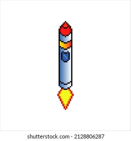 Rocket launch with pixel art. Vector illustration.