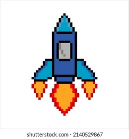 Rocket launch with pixel art. Vector illustration.