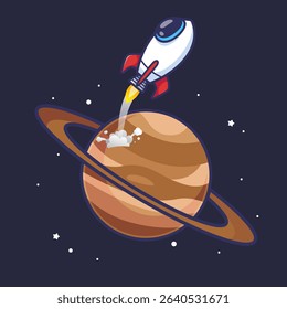 Rocket Launch From Planet Cartoon Vector Icon Illustration. Science Technology Icon Concept Isolated Premium Vector. Flat Cartoon Style