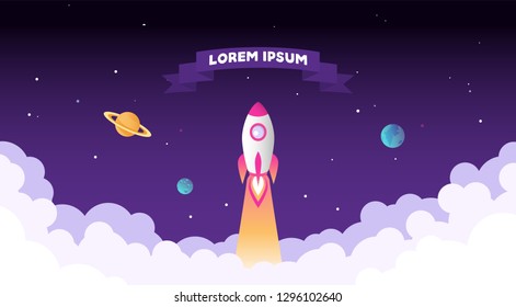 Rocket launch, planets, clouds, ribbon for text. Vector illustration