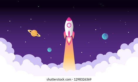 Rocket launch, planets and clouds. Vector illustration