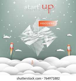 Rocket launch pointing to flag success On top of Moutain,Vector illustration