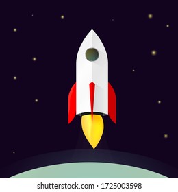 Rocket launch, poster design template, spaceship on space, vector illustration