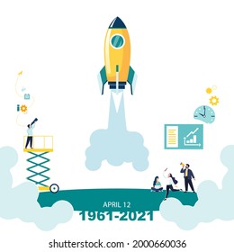 Rocket launch project. April 12, 1961-2021. A group of people put forward an idea, start a new business project in a young creative business company. Business analysis, to success. Vector illustration