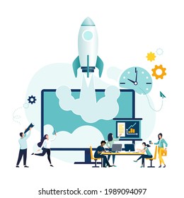 Rocket launch project. A group of people put forward an idea, start a new business project in a young creative business company. Career advancement, business analysis. Vector illustration
