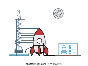 
Rocket Launch Project Management startup concept design. Rocket, launchpad, laptop, and maintenance. Vector flat illustration