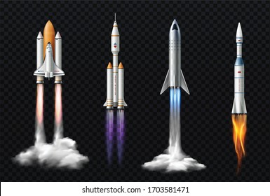 Raket lancering realistische set met geïsoleerde beelden van ruimtemissie raketten met rook op transparante achtergrond vectorillustratie
