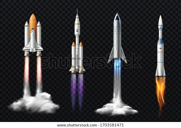 Rocket launch realistic set with isolated\
images of space mission rockets with smoke on transparent\
background vector\
illustration