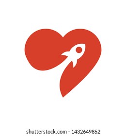 Rocket launch with red heart logo vector. Negative space logo