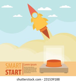 Rocket launch retro background. Vintage poster. Start up. Vector illustration