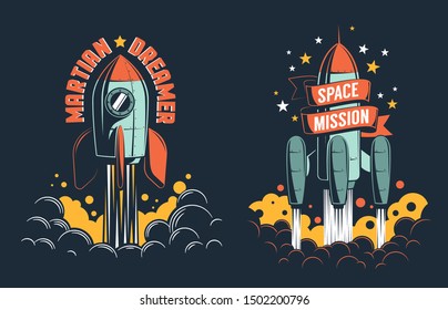 Rocket launch retro emblem. Rocketship start to the Mars vintage poster template. Vector illustration.