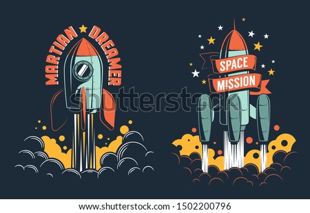 Rocket launch retro emblem. Rocketship start to the Mars vintage poster template. Vector illustration.