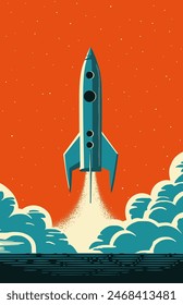 Rocket launch in retro futurism style. Vintage rocket take off in nostalgis style.