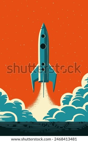 Rocket launch in retro futurism style. Vintage rocket take off in nostalgis style.