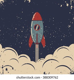Rocket launch. Retro poster with rocketship. Vector flat illustration.