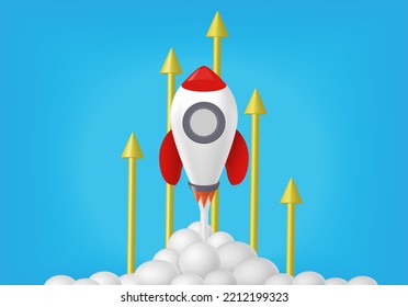 Rocket launch rising with arrows going up. Business startup, career development, Project success, growth and boost, investment goal, Aim target, opportunity challenge, strategy planning, focus concept