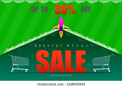 rocket launch sale up to 80% end of season special offer vector illustration eps10