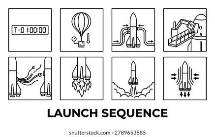 Rocket launch sequence outline icons: countdown, balloon, fueling, assembly, ignition, liftoff, and re-entry plasma.