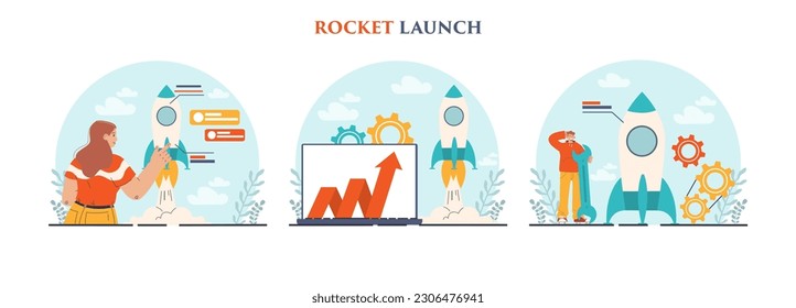 Juego de lanzamiento de cohetes. Inicio del negocio o progreso exitoso del proyecto. Idea de desarrollo profesional y emprendimiento. El lanzamiento de la nave espacial como metáfora. Ilustración vectorial plana