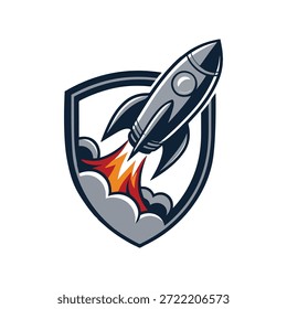 Ilustración de logotipo de escudo de lanzamiento de cohete