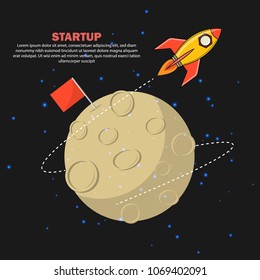 Rocket launch ship in a flat style concept of business product on a market Project start up and development process, creative idea, new innovation. Vector illustration