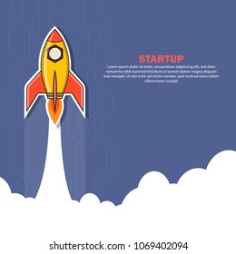 Rocket launch ship in a flat style concept of business product on a market Project start up and development process, creative idea, new innovation. Vector illustration