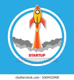 Rocket launch ship in a flat style concept of business product on a market Project start up and development process,creative idea,new innovation.Vector illustration