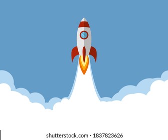 Rocket launch, ship flies into the sky or space. Concept of new business project start up development and launch a new innovation product on a market. Vector illustration