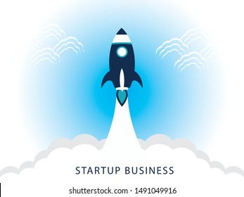 rocket launch, rocket ship soar up into the sky through the clouds and go heading to space. start up business concept - vector illustration