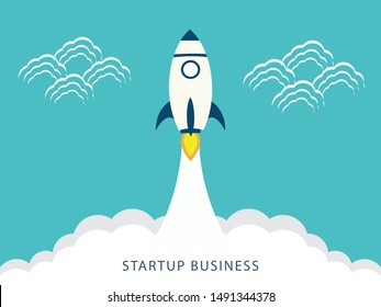 rocket launch, rocket ship soar up into the sky through the clouds and go heading to space. start up business concept - vector illustration